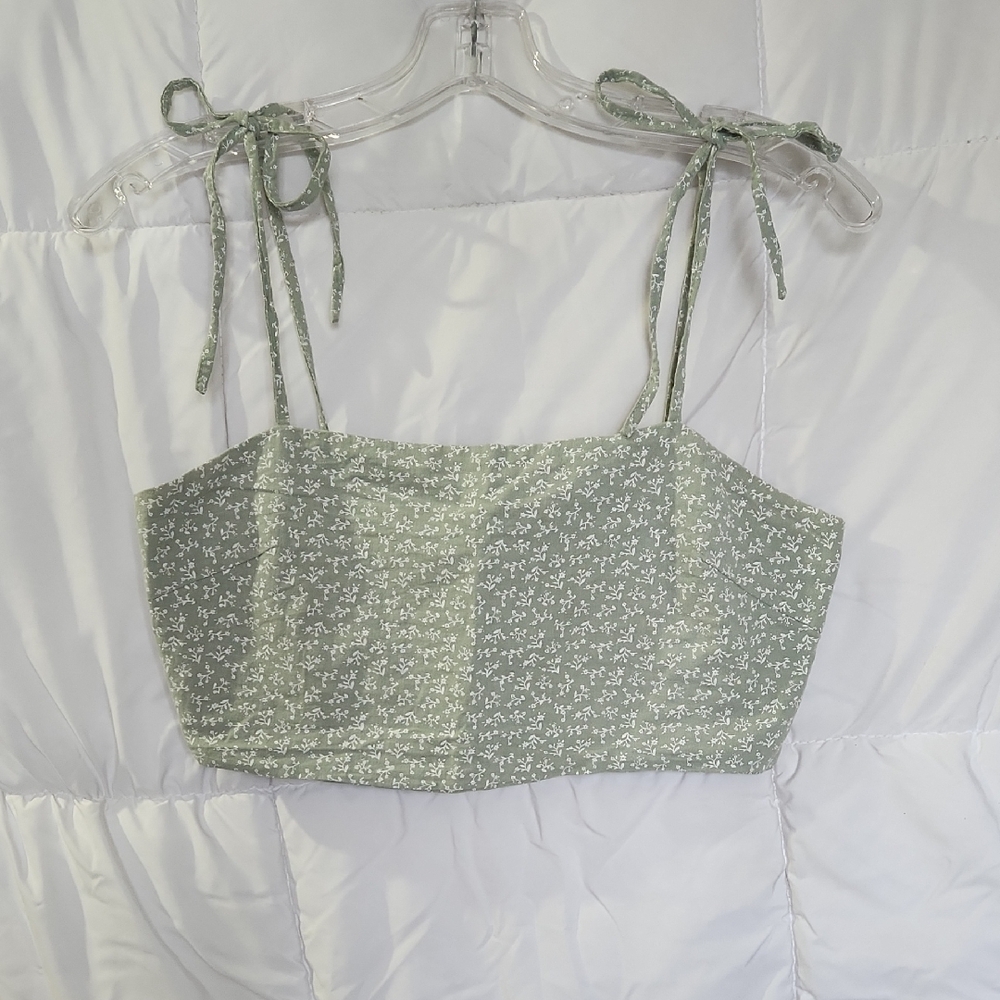 Green Smocked Tie Front Crop Tank